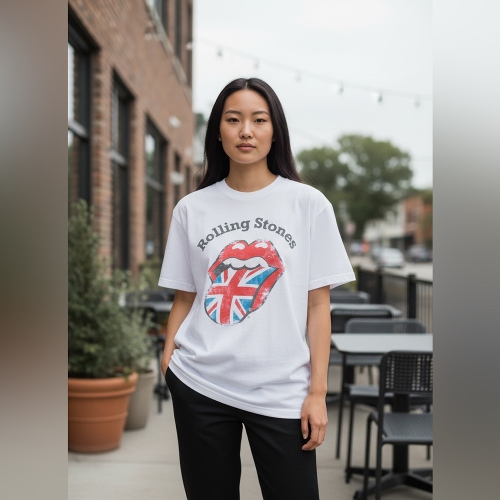 Rolling Stones Tongue Logo Graphic Band Tee Union Jack White T Shirt